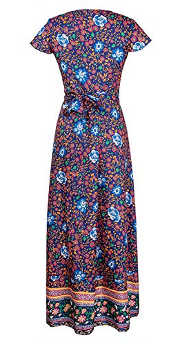 Ajpguot Vestido de Verano Mujer Impresión Maxi Vestidos de Playa Elegante Beachwear Largo Dress con Cinturón Sexy V-Cuello Manga Corta Hendidura Vestido de Partido (M, Negro Azul)