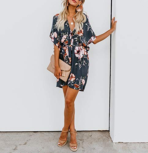 Ajpguot Vestido de Verano Mujer Impresión Mini Vestidos de Playa Elegante Corto Dress de Partido V-Cuello Manga Corta Vestido con Cinturón Suelto Sundress (XL, 101032 Azul-Gris)
