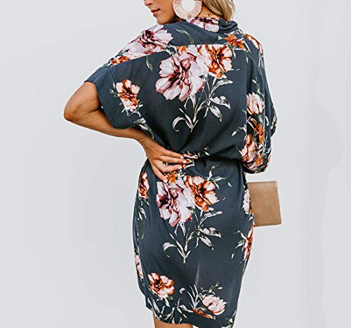 Ajpguot Vestido de Verano Mujer Impresión Mini Vestidos de Playa Elegante Corto Dress de Partido V-Cuello Manga Corta Vestido con Cinturón Suelto Sundress (XL, 101032 Azul-Gris)