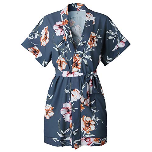 Ajpguot Vestido de Verano Mujer Impresión Mini Vestidos de Playa Elegante Corto Dress de Partido V-Cuello Manga Corta Vestido con Cinturón Suelto Sundress (XL, 101032 Azul-Gris)