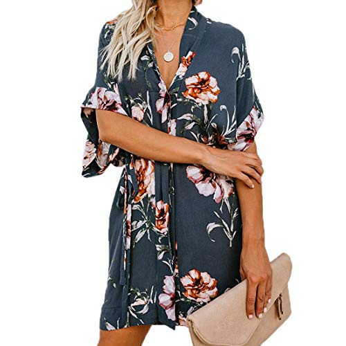 Ajpguot Vestido de Verano Mujer Impresión Mini Vestidos de Playa Elegante Corto Dress de Partido V-Cuello Manga Corta Vestido con Cinturón Suelto Sundress (XL, 101032 Azul-Gris)