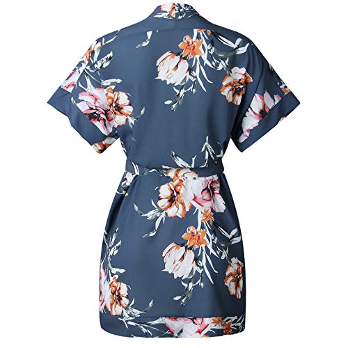 Ajpguot Vestido de Verano Mujer Impresión Mini Vestidos de Playa Elegante Corto Dress de Partido V-Cuello Manga Corta Vestido con Cinturón Suelto Sundress (XL, 101032 Azul-Gris)