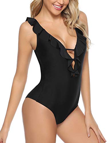 Akalnny Bañadores de Mujer Traje de Baño una Pieza Forro Doble Volantes Elegantes Cuello en V Sexy Halter Correas Cruzadas Bikini (Negro, M)