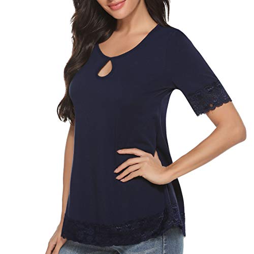 Akalnny Camiseta de Manga Corta Casual Talla Grande para Mujer Cuello Redondo Flare Blusa Suelto Verano Algodón T-Shirt Tops de Encajes (Azul Marino, L)