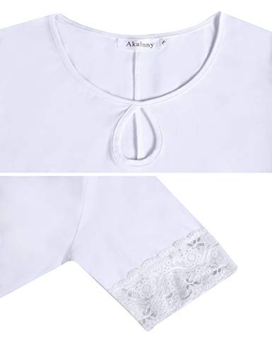 Akalnny Camiseta de Manga Corta Casual Talla Grande para Mujer Cuello Redondo Flare Blusa Suelto Verano Algodón T-Shirt Tops de Encajes (Blanco, L)