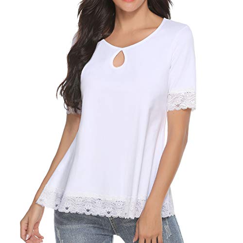 Akalnny Camiseta de Manga Corta Casual Talla Grande para Mujer Cuello Redondo Flare Blusa Suelto Verano Algodón T-Shirt Tops de Encajes (Blanco, L)