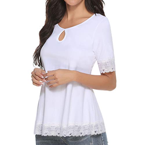 Akalnny Camiseta de Manga Corta Casual Talla Grande para Mujer Cuello Redondo Flare Blusa Suelto Verano Algodón T-Shirt Tops de Encajes (Blanco, L)