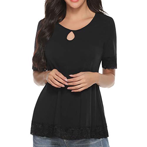 Akalnny Camiseta de Manga Corta Casual Talla Grande para Mujer Cuello Redondo Flare Blusa Suelto Verano Algodón T-Shirt Tops de Encajes (Negro, XL)