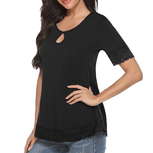 Akalnny Camiseta de Manga Corta Casual Talla Grande para Mujer Cuello Redondo Flare Blusa Suelto Verano Algodón T-Shirt Tops de Encajes (Negro, XL)