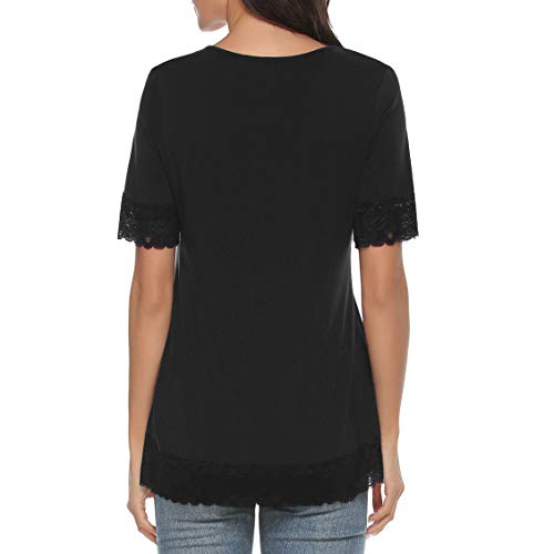 Akalnny Camiseta de Manga Corta Casual Talla Grande para Mujer Cuello Redondo Flare Blusa Suelto Verano Algodón T-Shirt Tops de Encajes (Negro, XL)