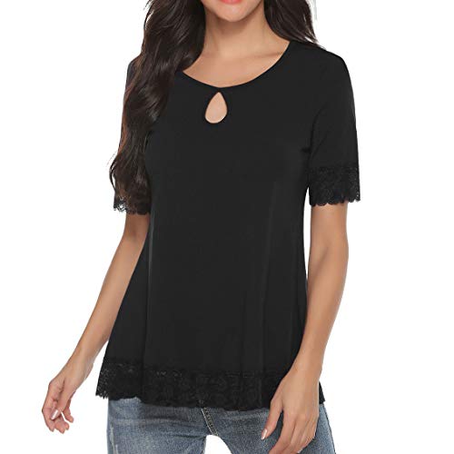 Akalnny Camiseta de Manga Corta Casual Talla Grande para Mujer Cuello Redondo Flare Blusa Suelto Verano Algodón T-Shirt Tops de Encajes (Negro, XL)