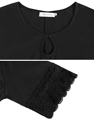 Akalnny Camiseta de Manga Corta Casual Talla Grande para Mujer Cuello Redondo Flare Blusa Suelto Verano Algodón T-Shirt Tops de Encajes (Negro, XL)