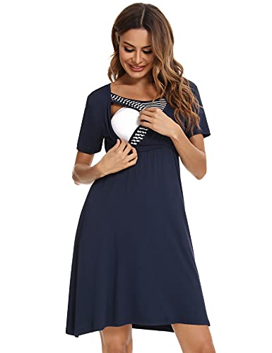 Akalnny Camisón Lactancia con Manga Corta Mujer Vestido de Premamá Algodón Suave Ropa Maternidad de Dormir para Embarazada