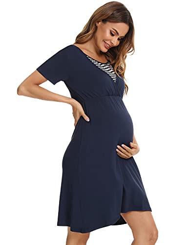 Akalnny Camisón Lactancia con Manga Corta Mujer Vestido de Premamá Algodón Suave Ropa Maternidad de Dormir para Embarazada