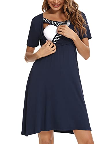 Akalnny Camisón Lactancia con Manga Corta Mujer Vestido de Premamá Algodón Suave Ropa Maternidad de Dormir para Embarazada