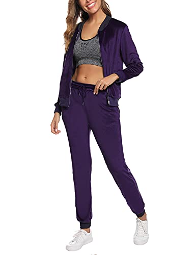Akalnny Chándal Conjunto Mujer de Terciopelo Informal Pijamas Trajes Chaquetas de Manga Larga con Cremallera + Pantalones de Cintura Alta Morado