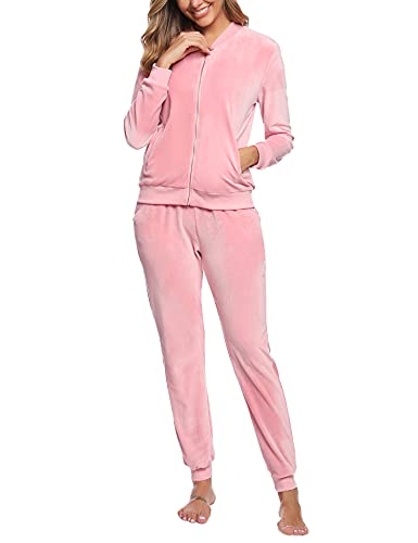 Akalnny Chándal Conjunto Mujer de Terciopelo Informal Pijamas Trajes Chaquetas de Manga Larga con Cremallera + Pantalones de Cintura Alta Rosa