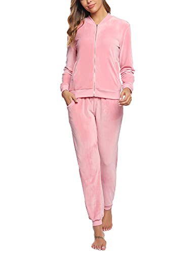 Akalnny Chándal Conjunto Mujer de Terciopelo Informal Pijamas Trajes Chaquetas de Manga Larga con Cremallera + Pantalones de Cintura Alta Rosa