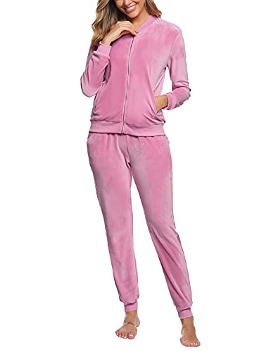 Akalnny Chándal Conjunto Mujer de Terciopelo Informal Pijamas Trajes Chaquetas de Manga Larga con Cremallera + Pantalones de Cintura Alta Rosa Oscuro