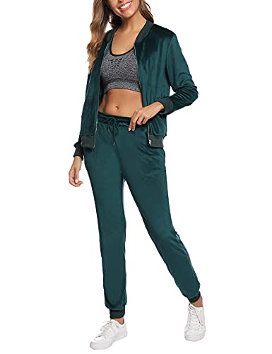 Akalnny Chándal Conjunto Mujer de Terciopelo Informal Pijamas Trajes Chaquetas de Manga Larga con Cremallera + Pantalones de Cintura Alta Verde