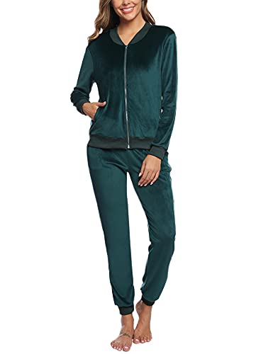 Akalnny Chándal Conjunto Mujer de Terciopelo Informal Pijamas Trajes Chaquetas de Manga Larga con Cremallera + Pantalones de Cintura Alta Verde