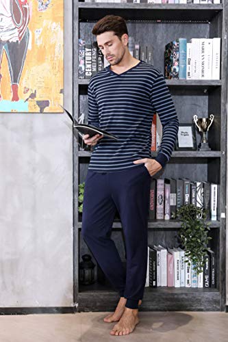 Akalnny Pijamas Hombre Invierno Algodón Cómodo Conjunto de Ropa de Dormir Casa Pantalon Camisa Larga de Rayas