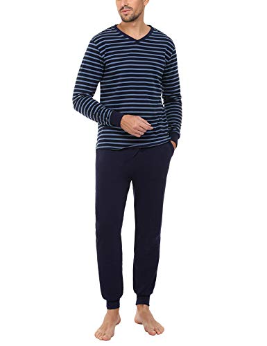 Akalnny Pijamas Hombre Invierno Algodón Cómodo Conjunto de Ropa de Dormir Casa Pantalon Camisa Larga de Rayas
