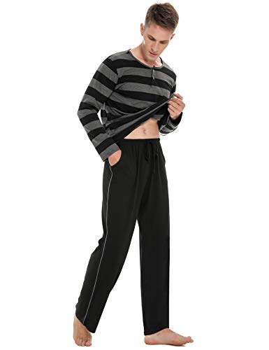 Akalnny Pijamas Hombre Invierno Algodón Manga Larga Ropa de Dormir 2 Piezas Pantalón Camisa Larga Cómodo