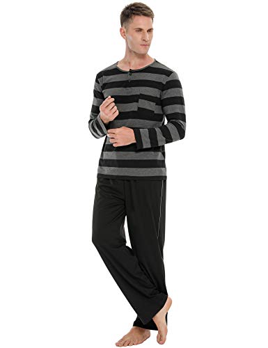 Akalnny Pijamas Hombre Invierno Algodón Manga Larga Ropa de Dormir 2 Piezas Pantalón Camisa Larga Cómodo