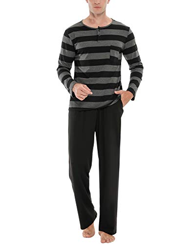 Akalnny Pijamas Hombre Invierno Algodón Manga Larga Ropa de Dormir 2 Piezas Pantalón Camisa Larga Cómodo