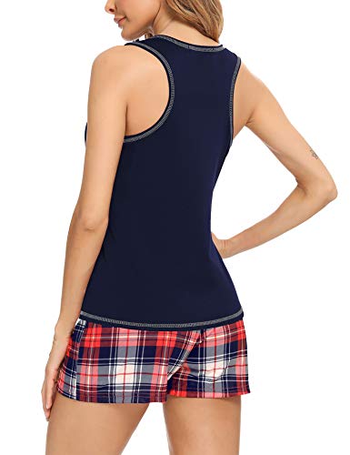 Akalnny Pijamas Mujer Verano 2 Piezas sin Mangas Pijama a Cuadros con Cuello Redondo Ropa de Dormir Estar por Casa Cómodo Suave