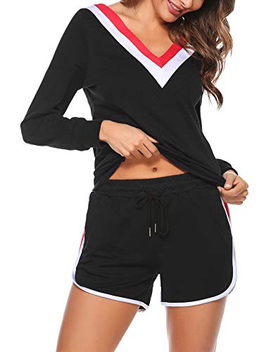 Akalnny Ropa deportiva de Algodón para Mujer de Verano Camiseta de Manga Larga con Cuello en V para Mujeres + Pantalones Cortos a Rayas Ropa Deportiva, Trajes Casuales con Bolsillos（negro,XL）