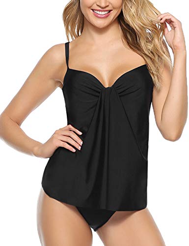 Akalnny Tankinis Traje de Baño de Dos Piezas para Mujer Sexy Drapeado Tank Top + Bikini Briefs(Negro, M)