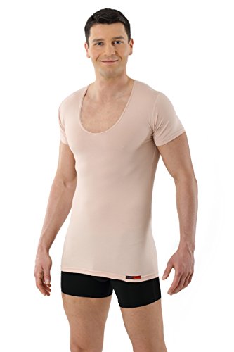 ALBERT KREUZ Camiseta Interior Invisible Color Carne/Beis de Manga Corta con Cuello de Pico Profundo y de algodón elástico 05/M