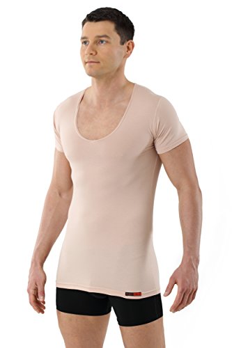 ALBERT KREUZ Camiseta Interior Invisible Color Carne/Beis de Manga Corta con Cuello de Pico Profundo y de algodón elástico 05/M