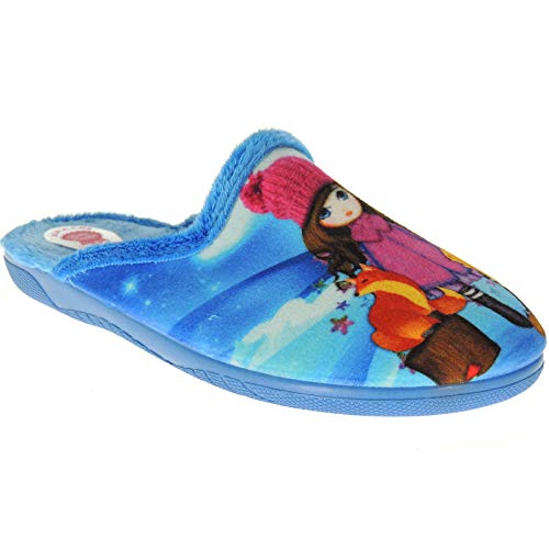 Alcalde 6075 Chinela Zapatilla Destalonada Casa Invierno Niña Zorro y Ardilla para Niña Celeste Talla 31