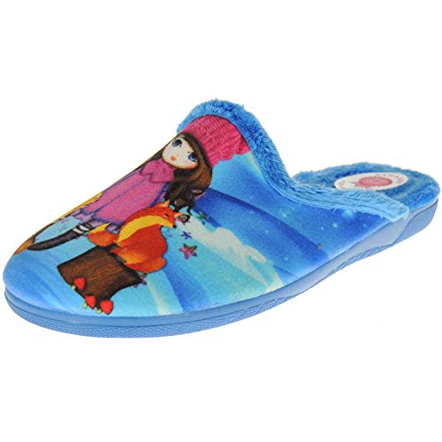 Alcalde 6075 Chinela Zapatilla Destalonada Casa Invierno Niña Zorro y Ardilla para Niña Celeste Talla 31