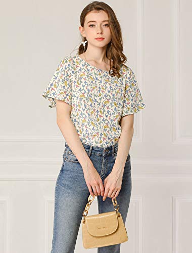 Allegra K Blusa Casual De Gasa Top Mariposa Floral Cuello Redondo Manga Corta para Mujeres Beige XS
