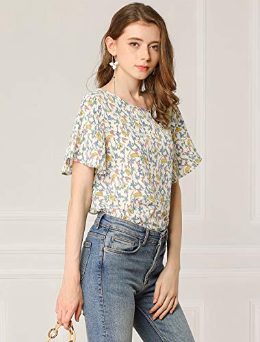 Allegra K Blusa Casual De Gasa Top Mariposa Floral Cuello Redondo Manga Corta para Mujeres Beige XS