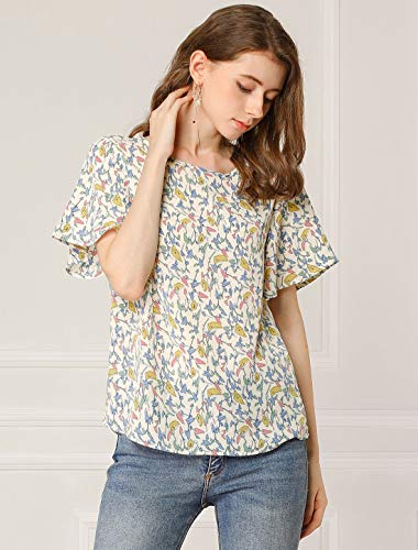 Allegra K Blusa Casual De Gasa Top Mariposa Floral Cuello Redondo Manga Corta para Mujeres Beige XS