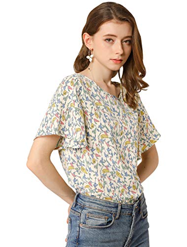 Allegra K Blusa Casual De Gasa Top Mariposa Floral Cuello Redondo Manga Corta para Mujeres Beige XS