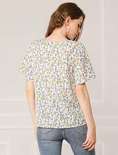 Allegra K Blusa Casual De Gasa Top Mariposa Floral Cuello Redondo Manga Corta para Mujeres Beige XS