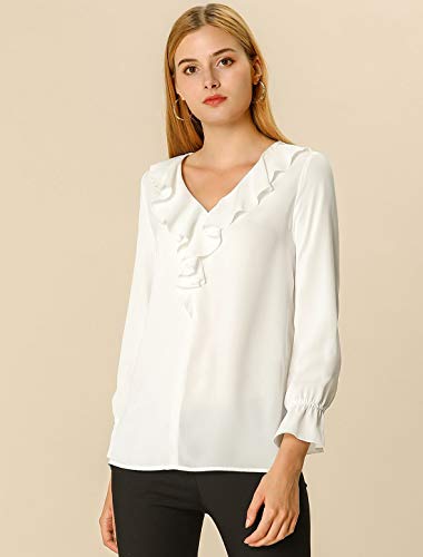 Allegra K Blusa De Gasa Top Campesino Vintage Manga Pulsera Cuello En V Volante Fruncido para Mujer Blanco M