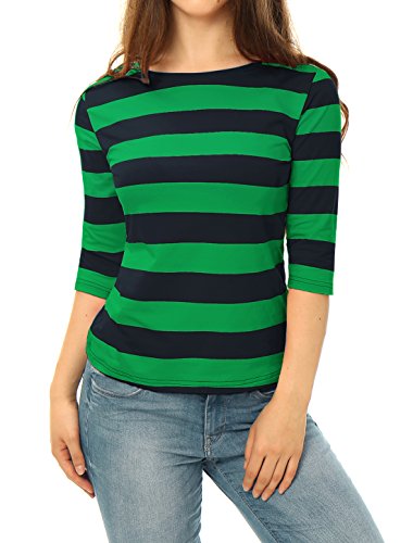Allegra K Blusa De Rayas Mangas del Codo Cuello Barco para Mujeres Verde Oscuro L