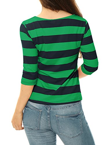 Allegra K Blusa De Rayas Mangas del Codo Cuello Barco para Mujeres Verde Oscuro L