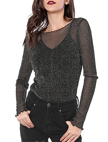 Allegra K Blusa Manga Larga Volantes De Malla Y Camisola con Correa De Espagueti para Mujer Negro XL