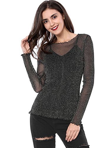 Allegra K Blusa Manga Larga Volantes De Malla Y Camisola con Correa De Espagueti para Mujer Negro XL