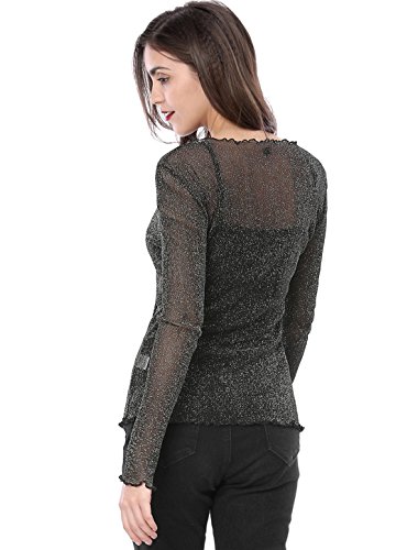 Allegra K Blusa Manga Larga Volantes De Malla Y Camisola con Correa De Espagueti para Mujer Negro XL