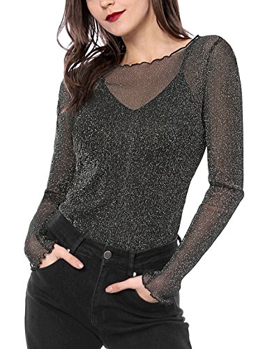 Allegra K Blusa Manga Larga Volantes De Malla Y Camisola con Correa De Espagueti para Mujer Negro XL