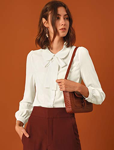 Allegra K Blusa Peter Pan Collar Botones Abajo Camisa Cuello Lazo-Auto Top De Oficina Trabajo para Mujer Blanco XL